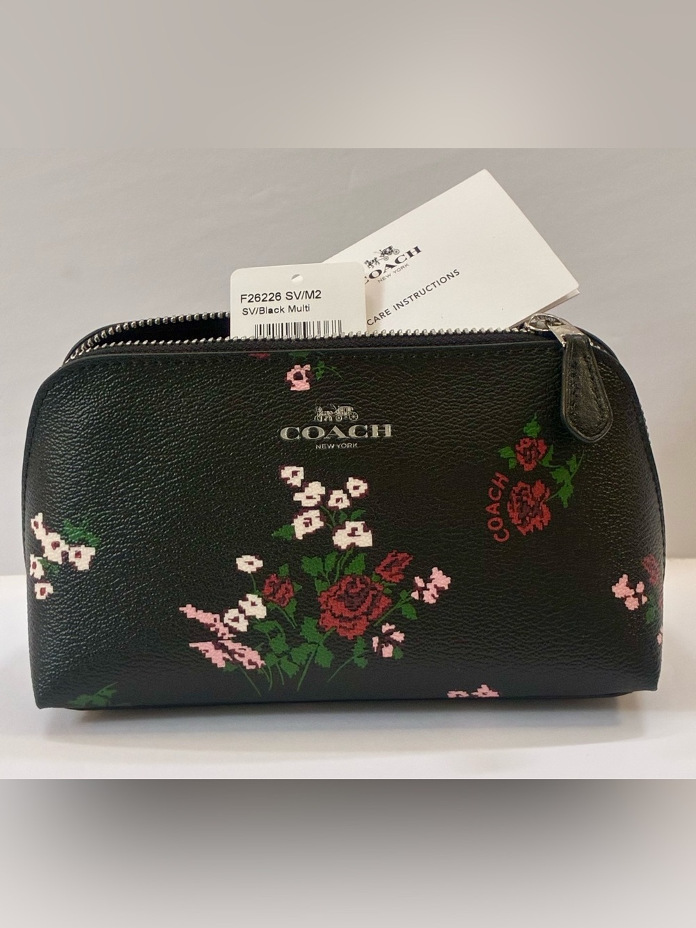 Coach Black Cross stitch Floral Cosmetic Bag Pouch #26226